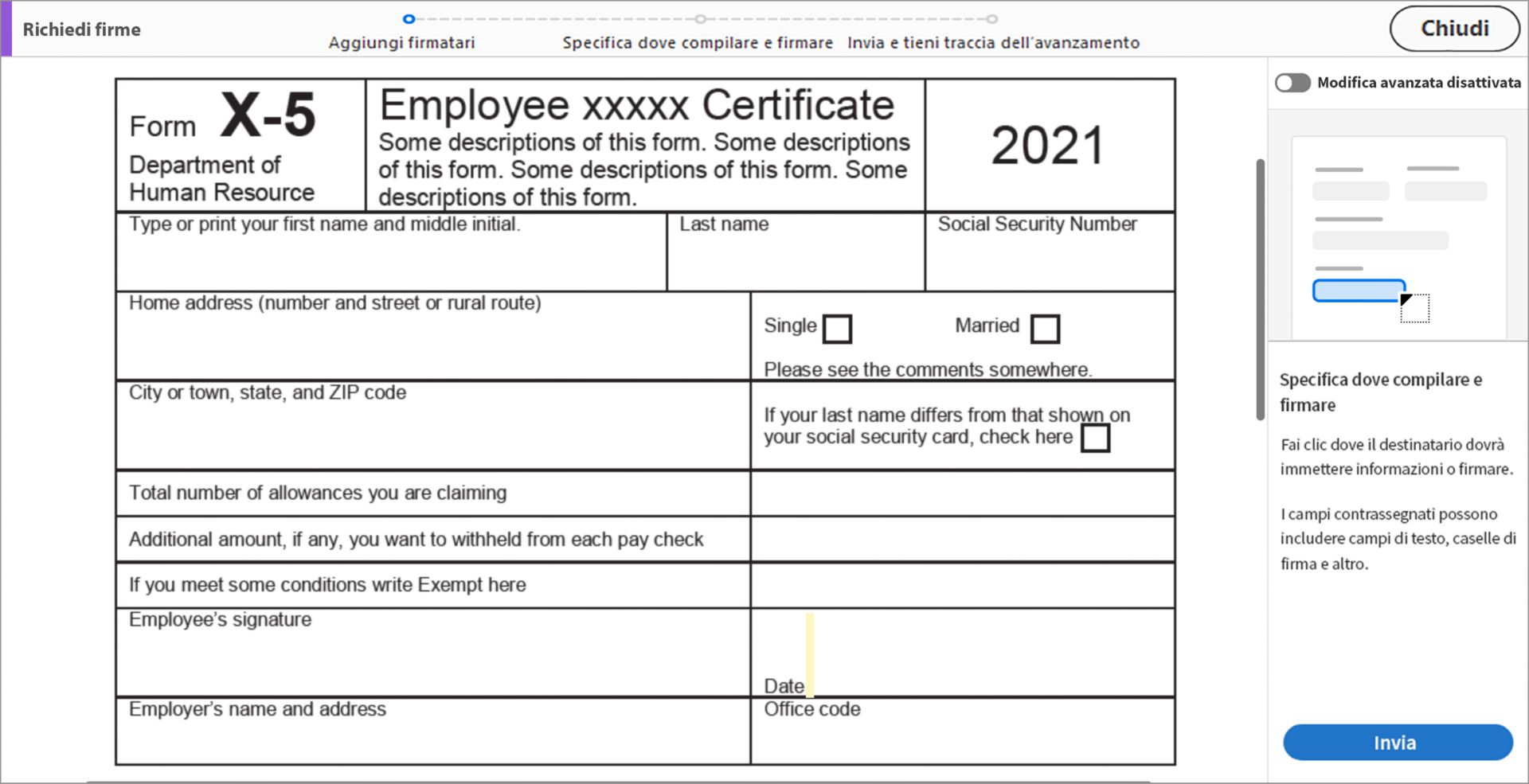 Specifica dove compilare e firmare
