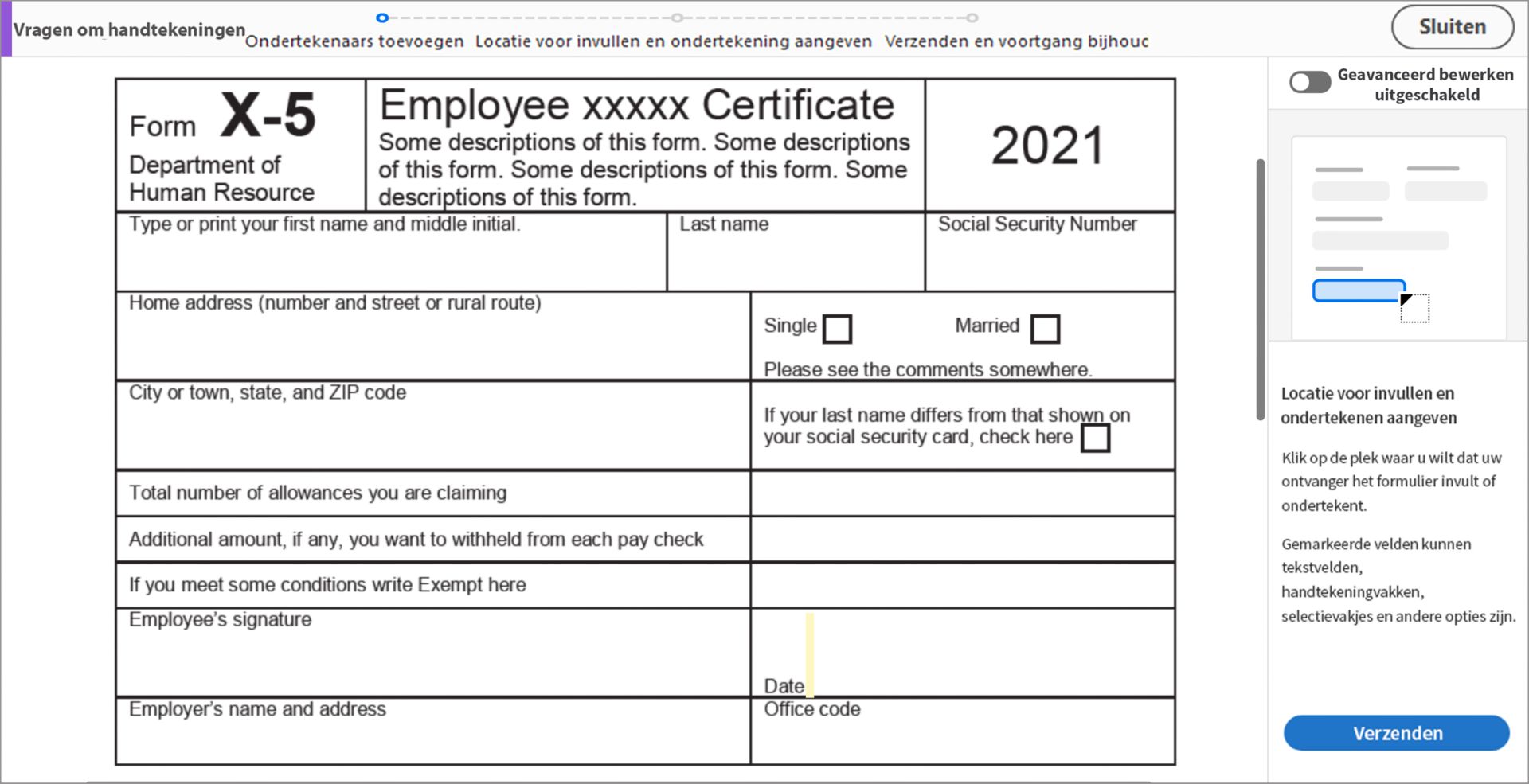 Locatie voor invullen en ondertekening aangeven