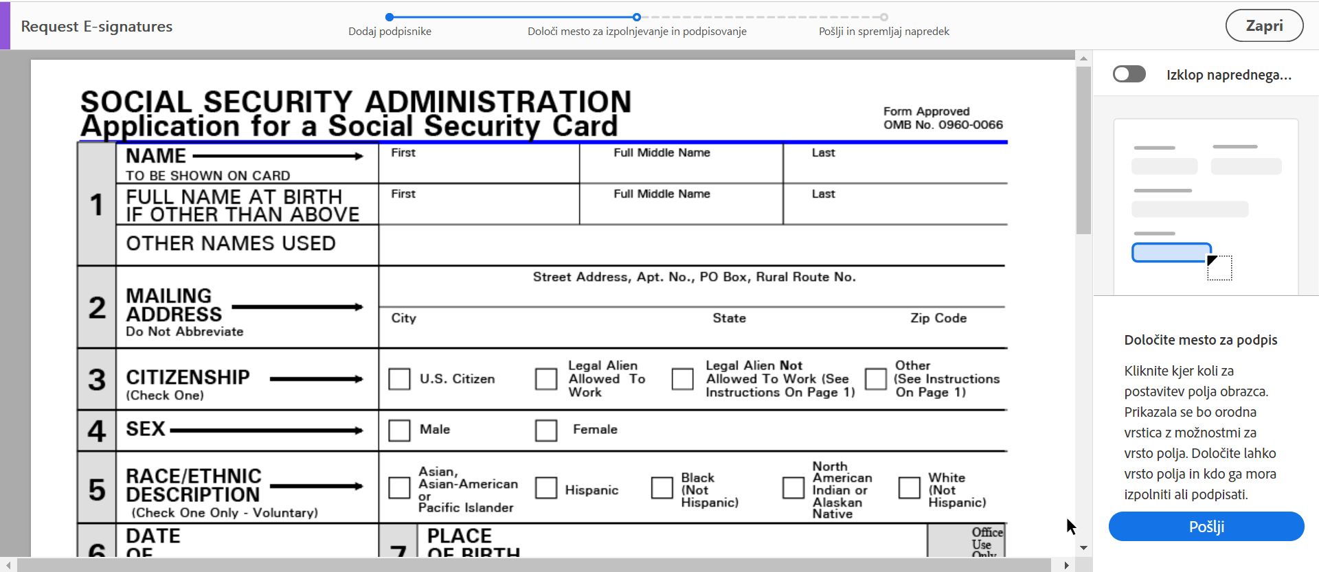 Določi mesto za izpolnjevanje in podpisovanje