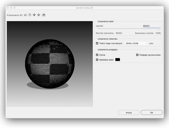 Ustawienia w oknie dialogowym upraszczania siatki 3D programu Photoshop