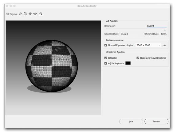Photoshop 3B Ağı Basitleştir iletişim kutusundaki ayarlar