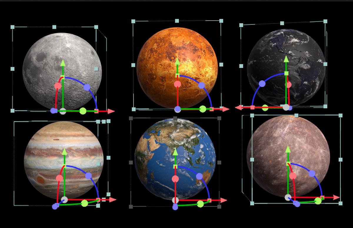In der Komposition sind mehrere Planeten ausgewählt, und jeder zeigt seine eigenen 3D-Gizmo-Steuerelemente an.