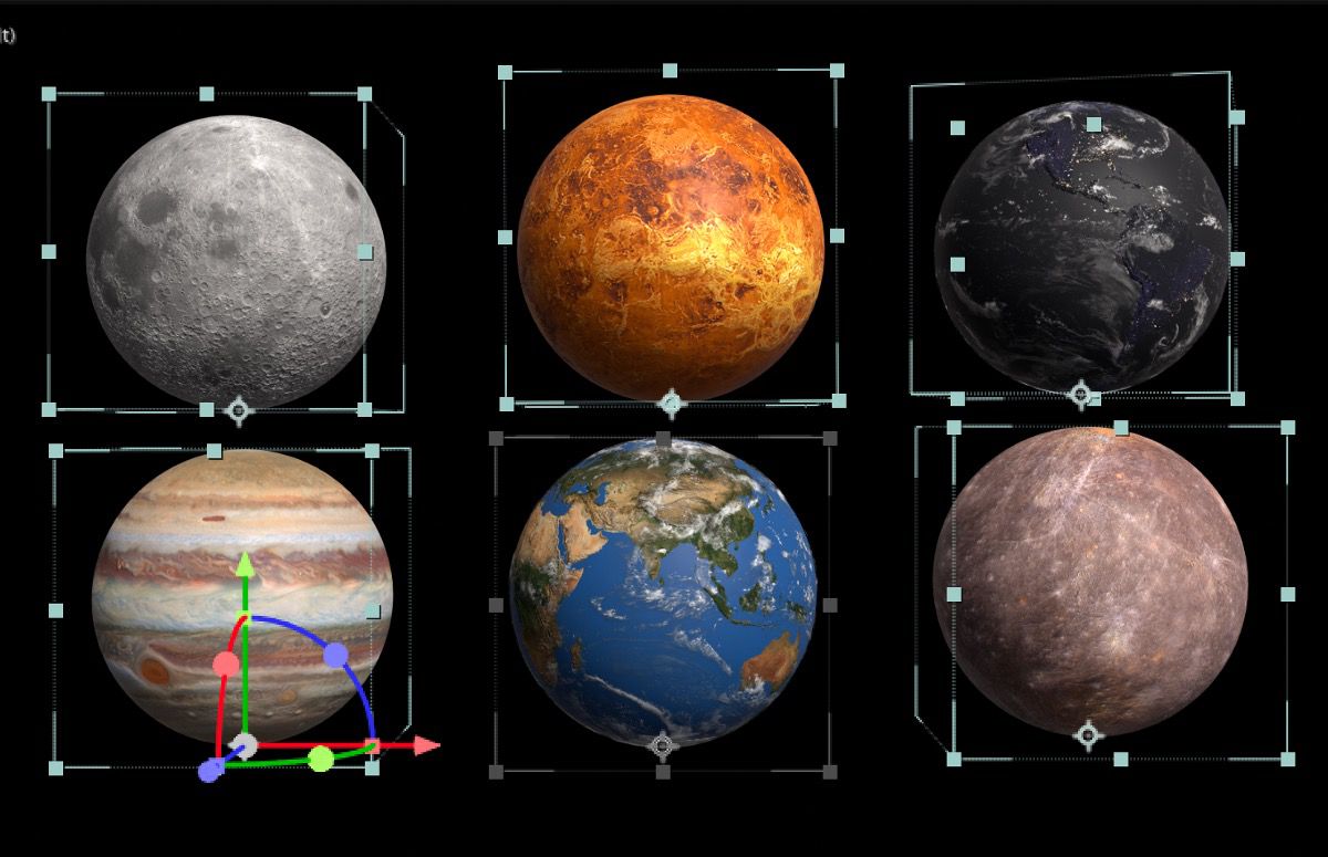 En la composición, se seleccionan múltiples planetas y un solo gizmo 3D los controla a todos.