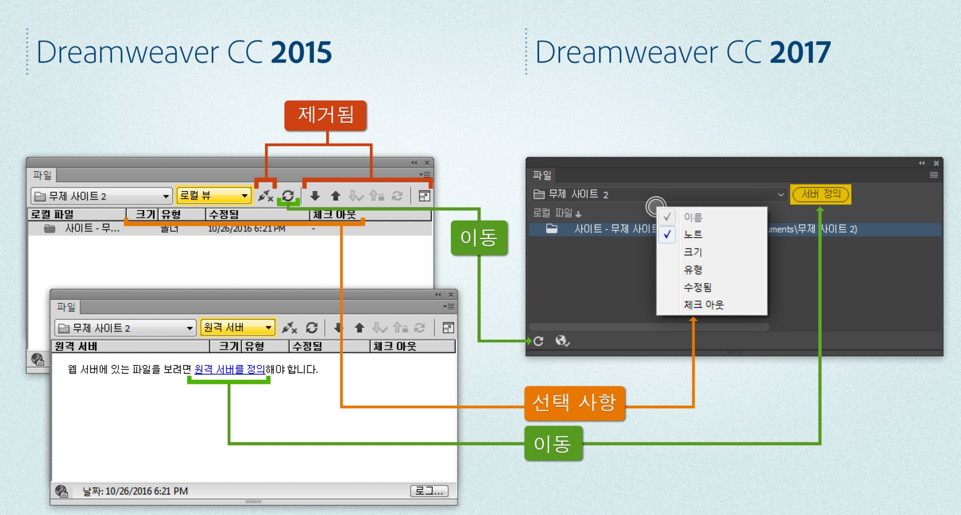 사이트가 정의된 경우 Dreamweaver 2015와 Dreamweaver 2017 간 파일 패널의 차이점