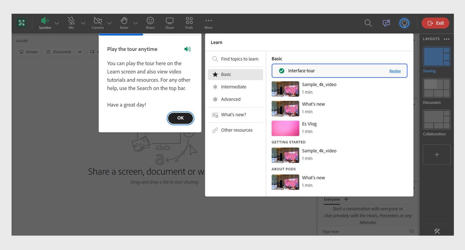 Guided help interface showing Skip Tour options