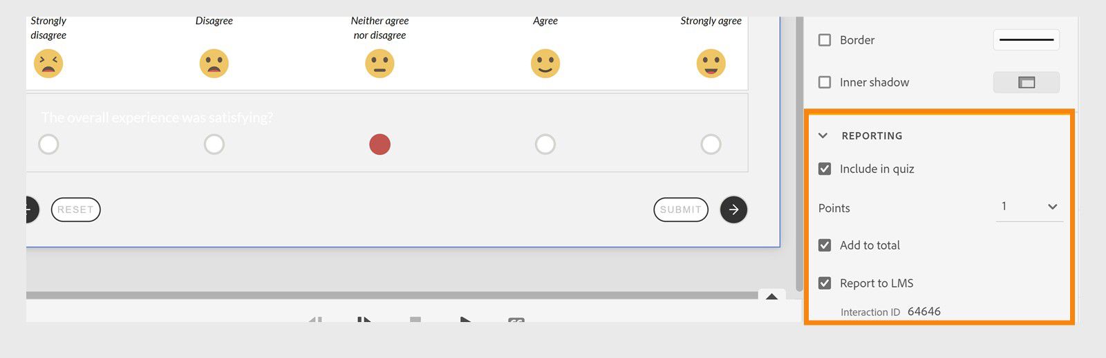 Interfaz de Captivate que muestra la creación de informes del widget de regulador en LMS junto con su ID de interacción