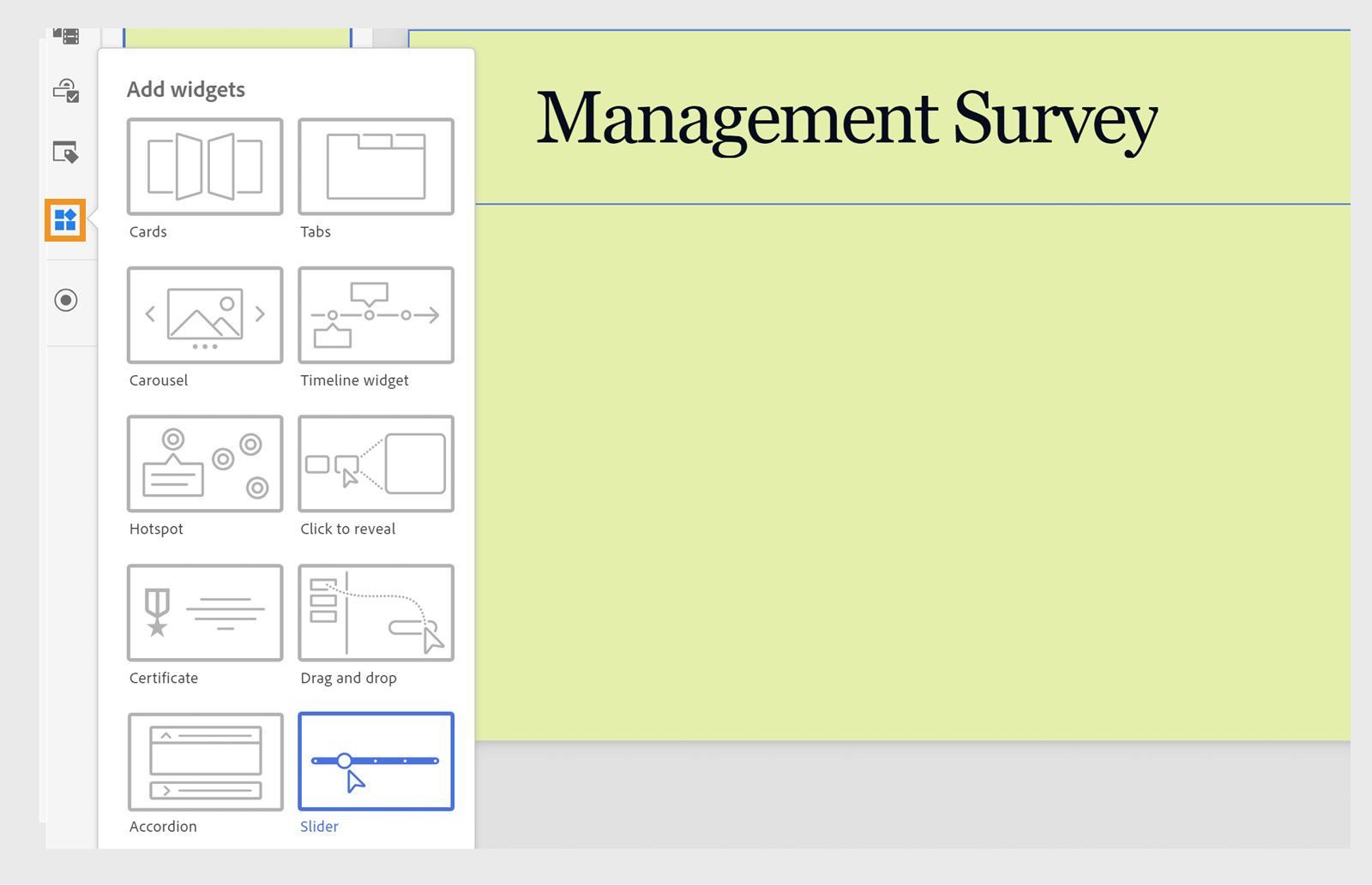 Interfaz de Captivate que muestra cómo agregar un widget regulador
