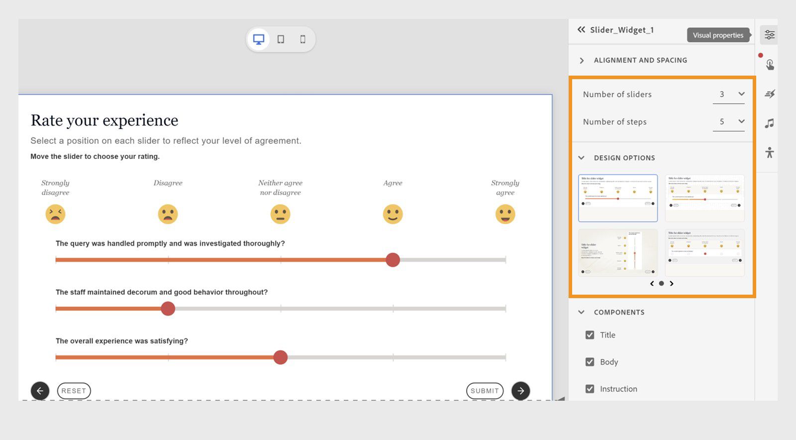 Propiedades visuales del widget regulador en Captivate