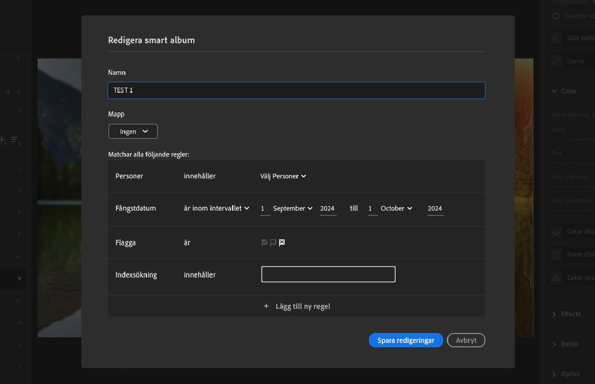 skapa smarta album i Lightroom för att snabbt söka efter foton
