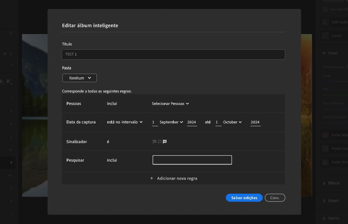 criar álbuns inteligentes no lightroom para pesquisar fotos rapidamente
