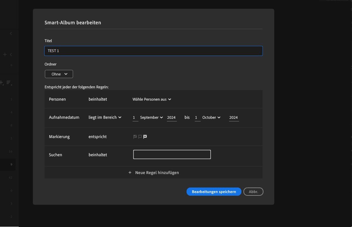 Erstelle Smart-Alben in Lightroom, um Fotos schnell zu suchen.
