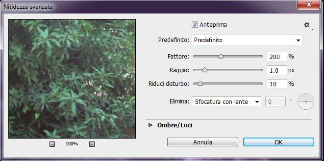 Finestra di dialogo Nitidezza avanzata in Photoshop