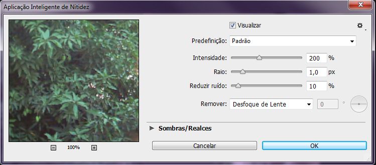 Caixa de diálogo de aplicação inteligente de nitidez do Photoshop