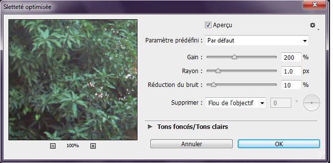 Boîte de dialogue Netteté optimisée dans Photoshop