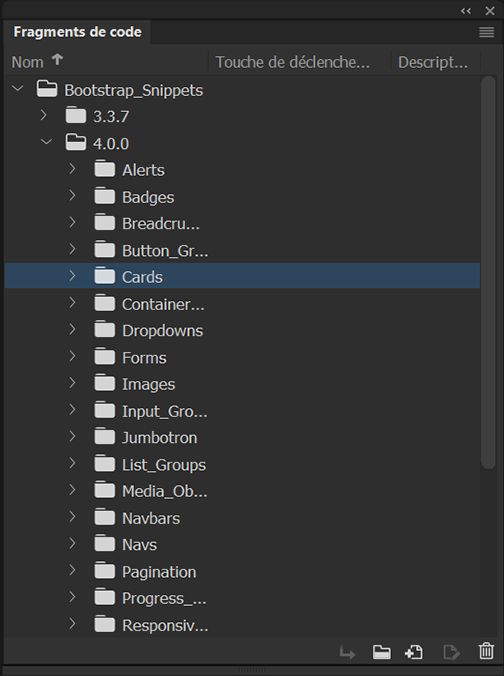Panneau Fragments de code dans Dreamweaver