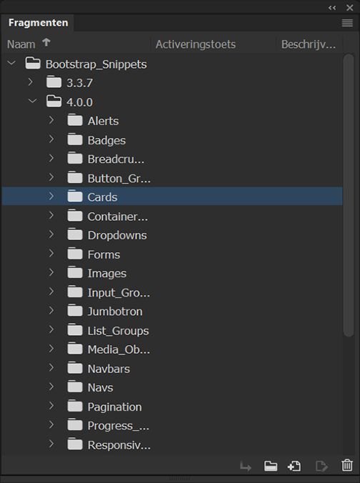 Het deelvenster Fragmenten in Dreamweaver