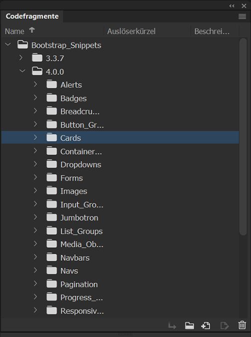 Bedienfeld „Codefragmente“ in Dreamweaver