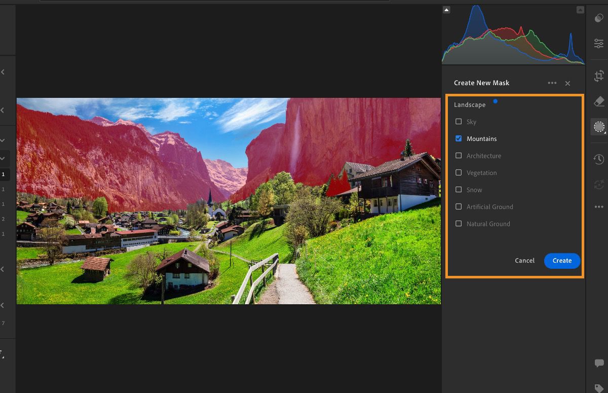 image of a landscape where snow is masked in red using the select landscape masking tool in Lightroom