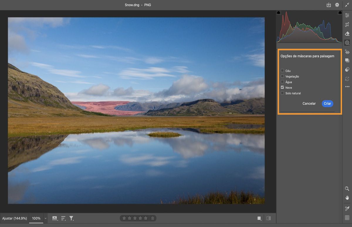 opções da máscara Paisagem em uma foto de um lago com montanha e floresta