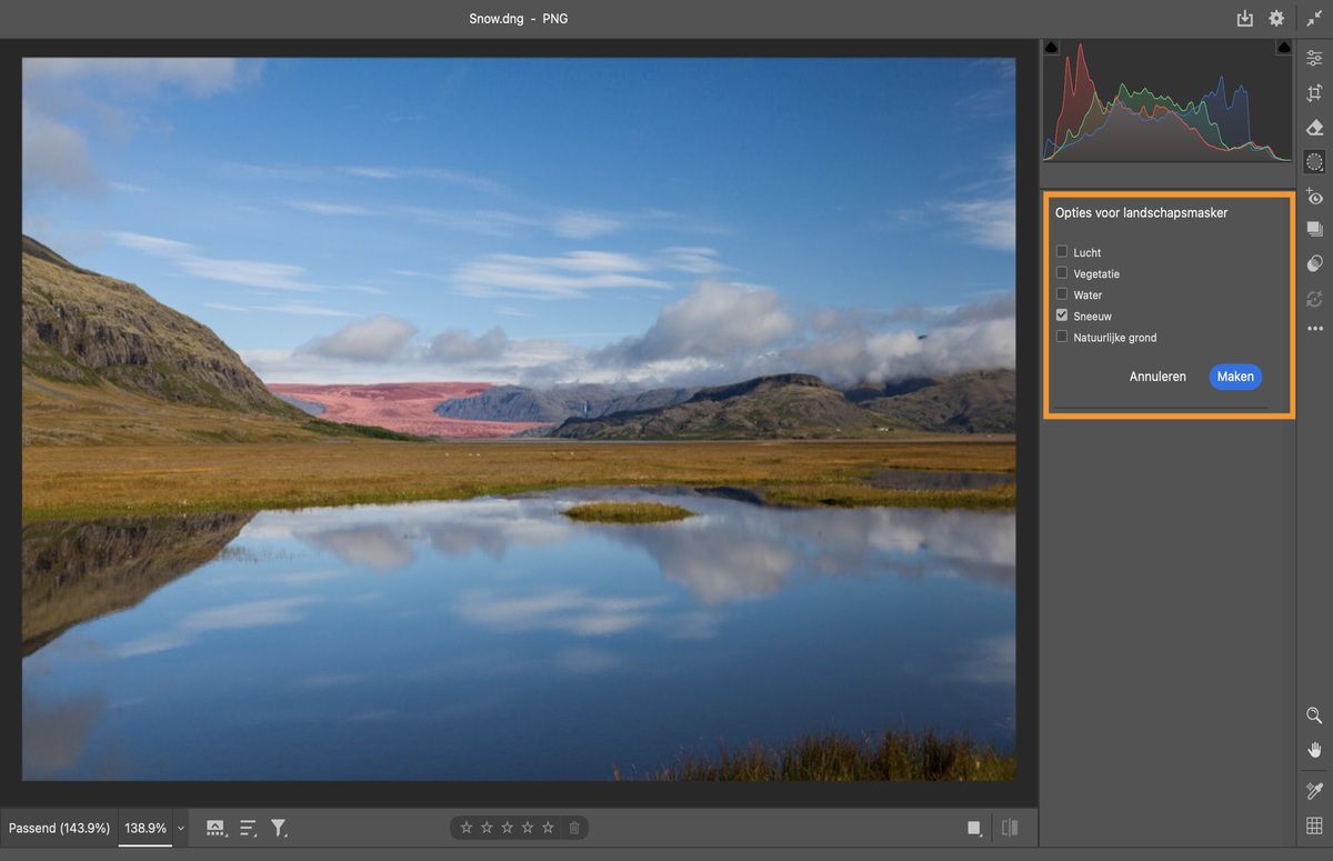opties voor landschapsmasker in een foto van een meer met berg en bos