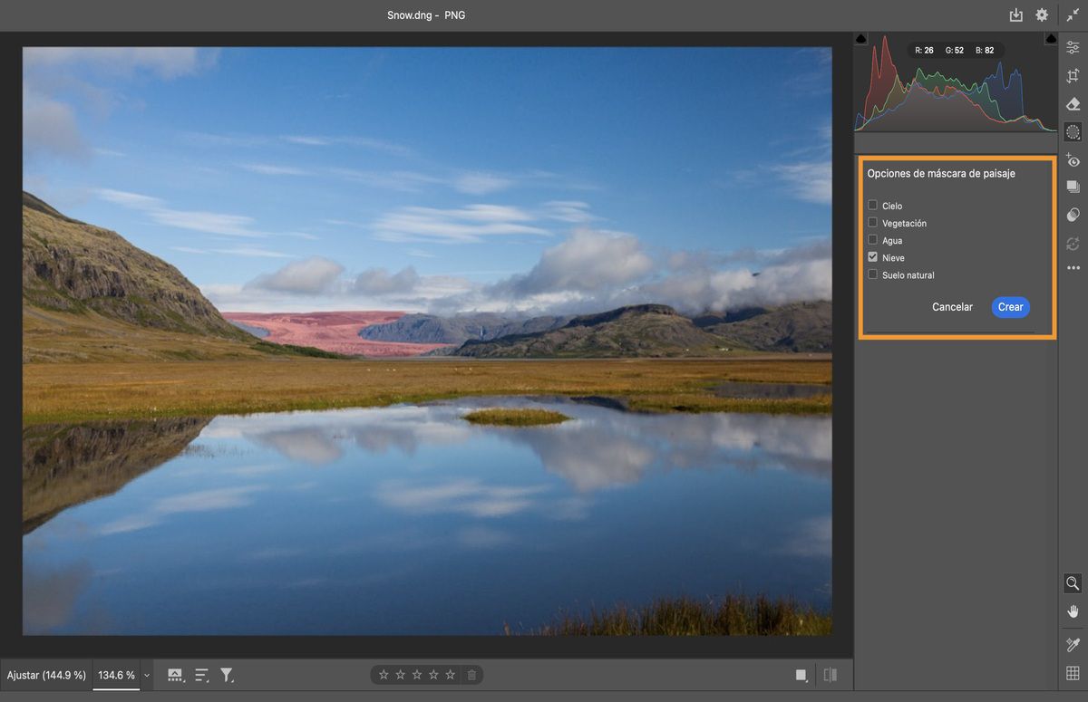 opciones de máscara de paisaje en una foto con un lago, montañas y bosque