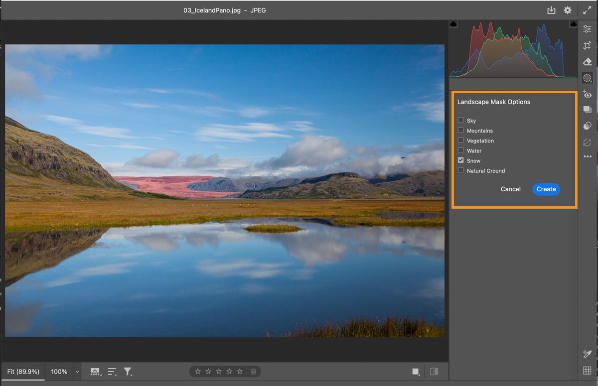 landscape masking options in a photo of a lake with mountain and forest