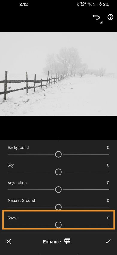 Different slider such as Subject, Background, Sky are given for Scene enhancement feature where Subject slider is highlighted over a man jumping in ocean image.