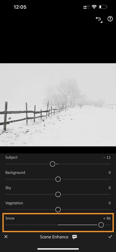 Andere schuifregelaars zoals Onderwerp, Achtergrond en Lucht worden toegewezen voor Scène verbeteren waarbij de schuifregelaar Onderwerp is gemarkeerd boven een man die in de oceaan springt.
