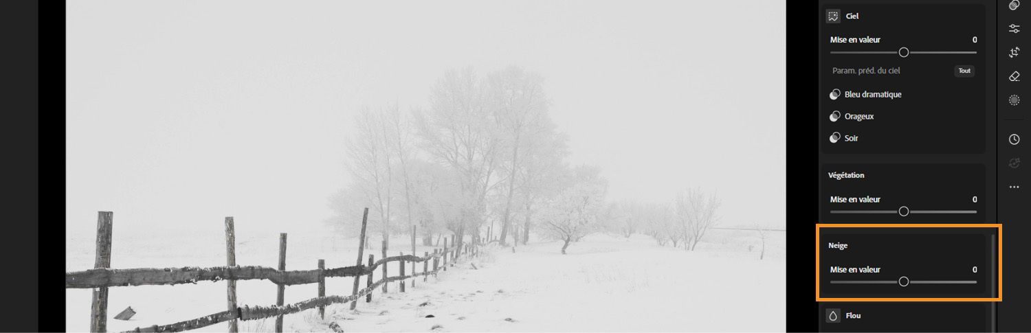 Un pré couvert de neige est affiché où l’amélioration de la neige est mise en évidence sur la zone de travail Lightroom.