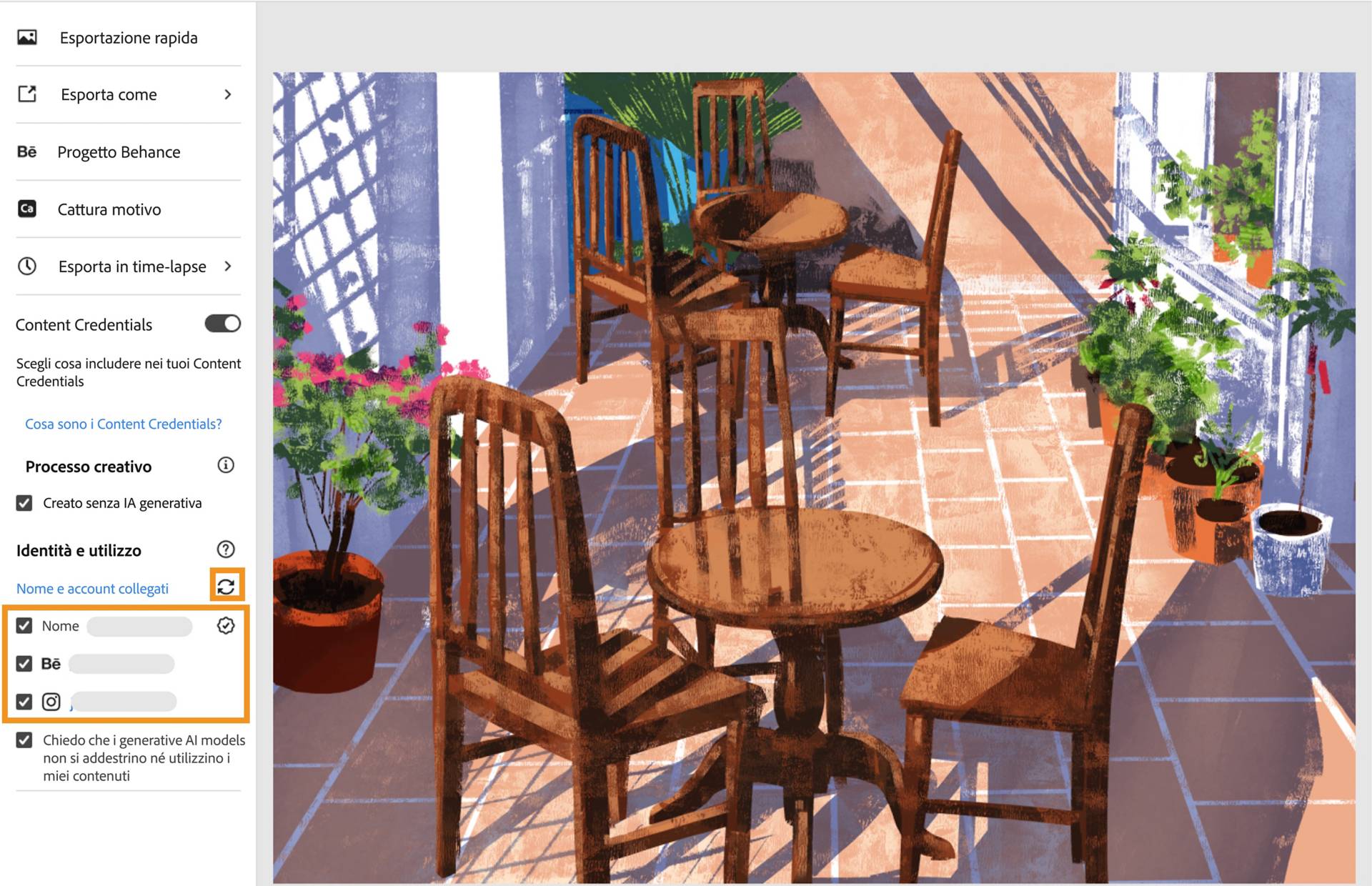 Tocca l’icona di aggiornamento nella schermata Esporta per recuperare gli account social aggiunti alla pagina Account connessi.