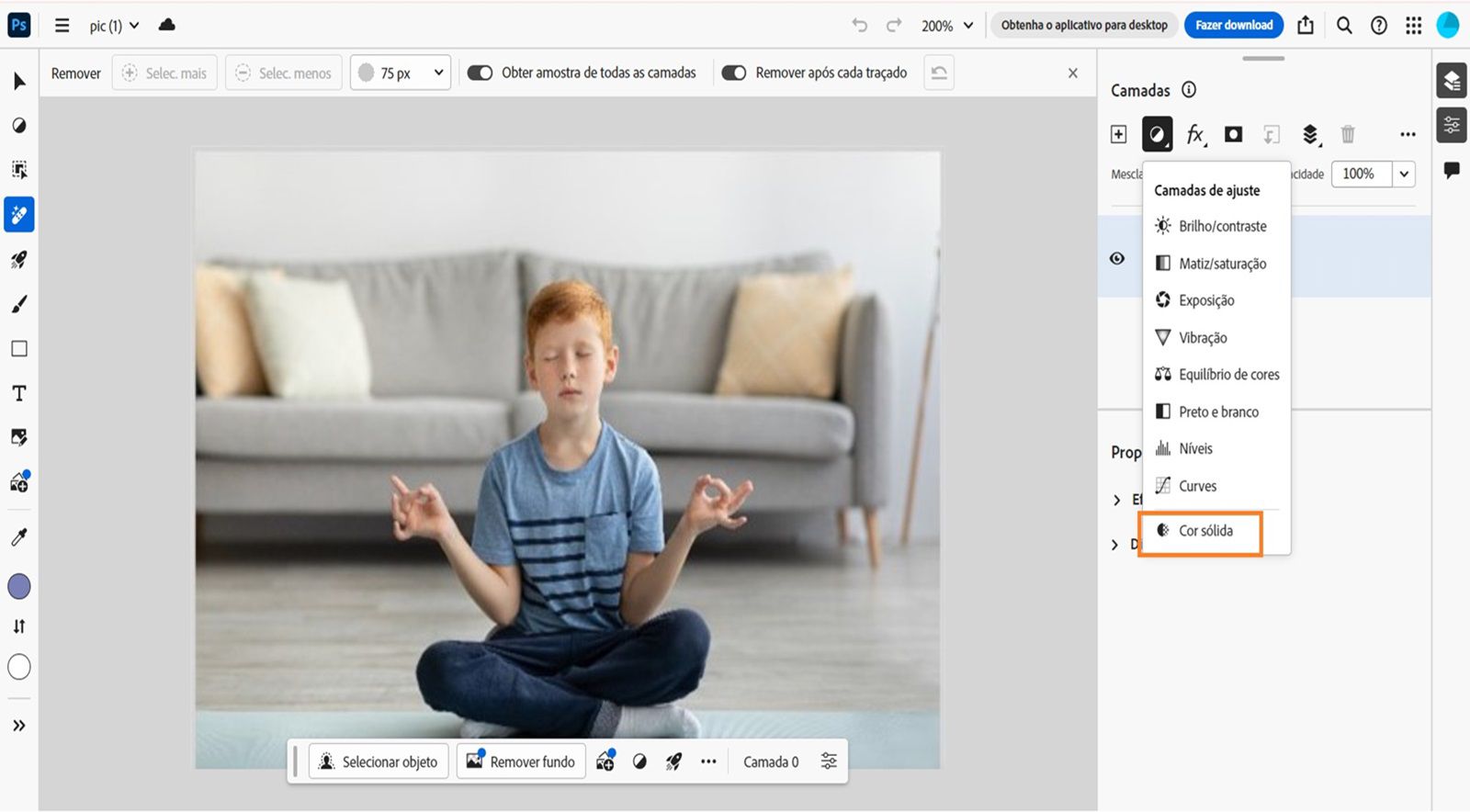 A tela inicial do Photoshop na Web é exibida com uma imagem aberta na tela. O cursor está posicionado na opção Cor sólida disponível na lista suspensa do menu Ajuste no painel Camadas. 