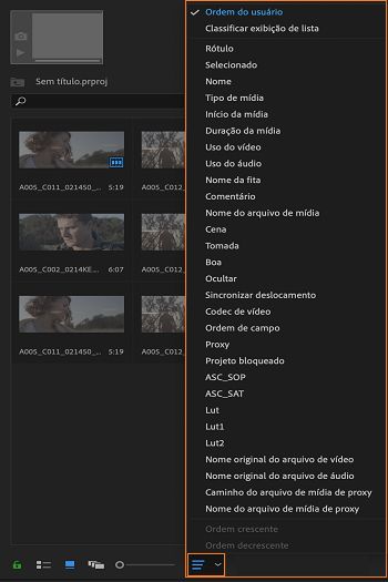 Classificar ícones no painel Projeto