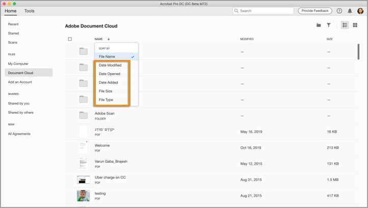 Dateien in Document Cloud sortieren
