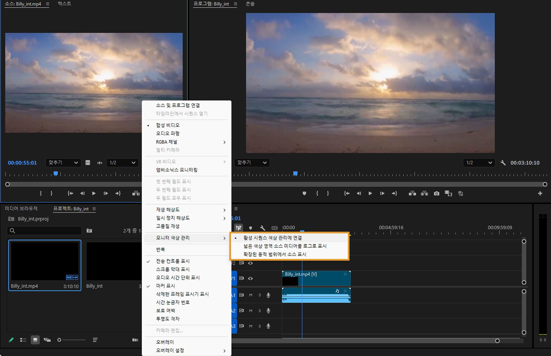 [소스 모니터]에는 소스 미디어를 표시하는 방법에 대해 세 가지 옵션이 있습니다.