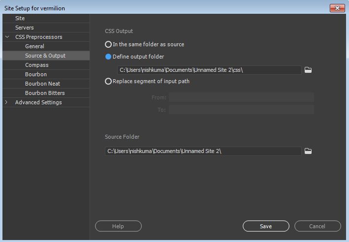 إعدادات معالج CSS الأولي للمصدر والإخراج