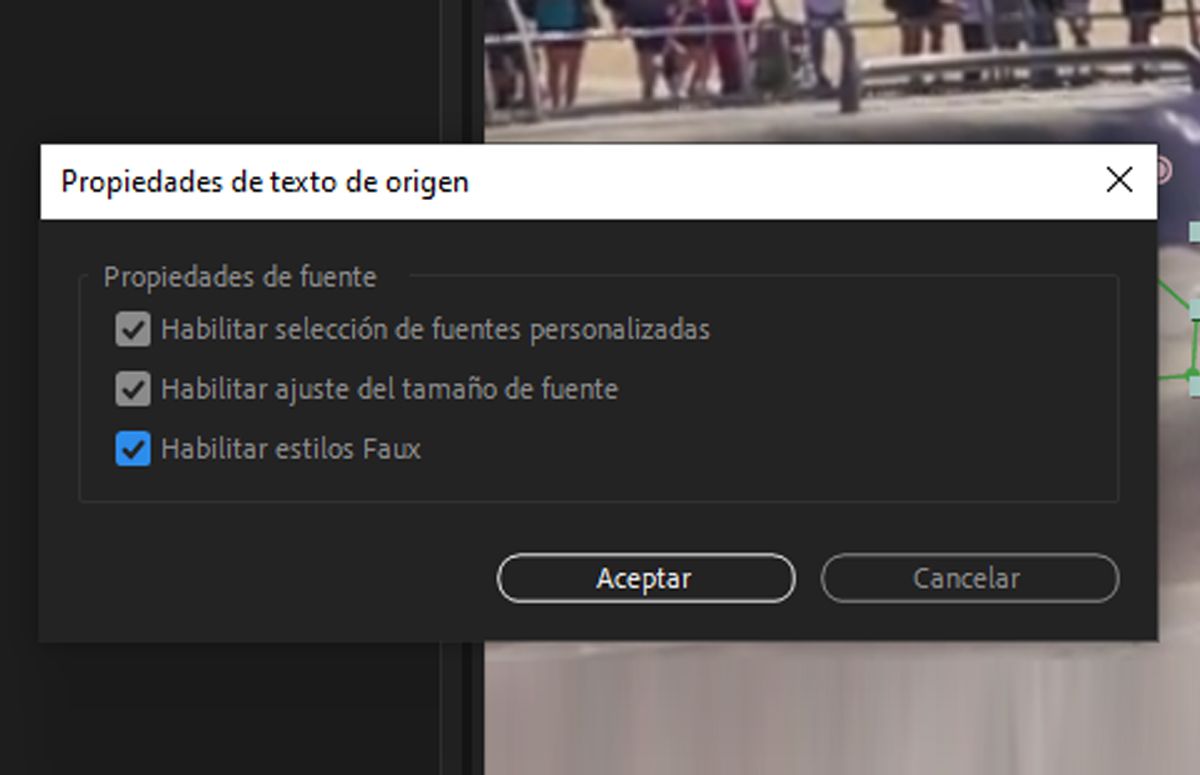  Cuadro de diálogo Propiedades de texto de origen que solicitan que se seleccionen las propiedades de la fuente que desea controlar.