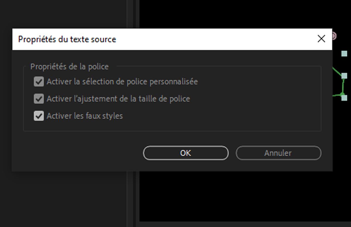  Boîte de dialogue Propriétés de texte source vous invitant à sélectionner les propriétés de police à contrôler.