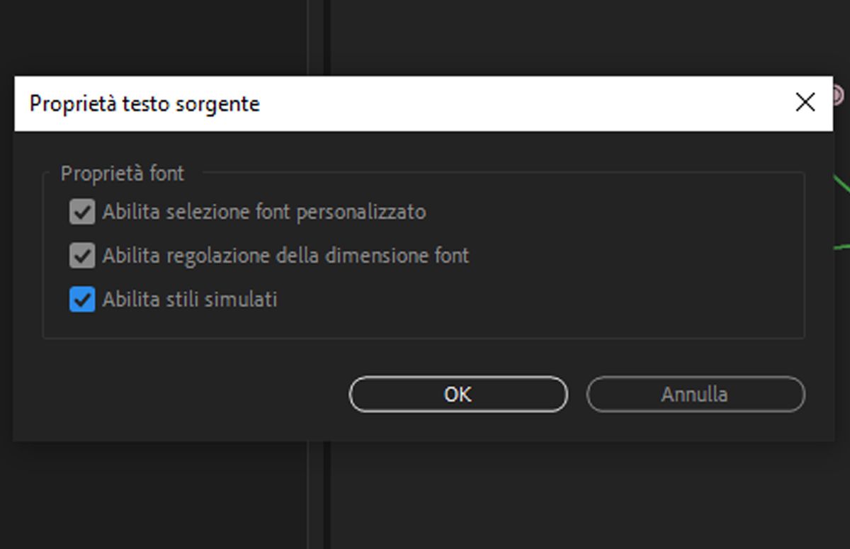  Finestra di dialogo Proprietà testo sorgente che richiede di selezionare le proprietà dei font da controllare.