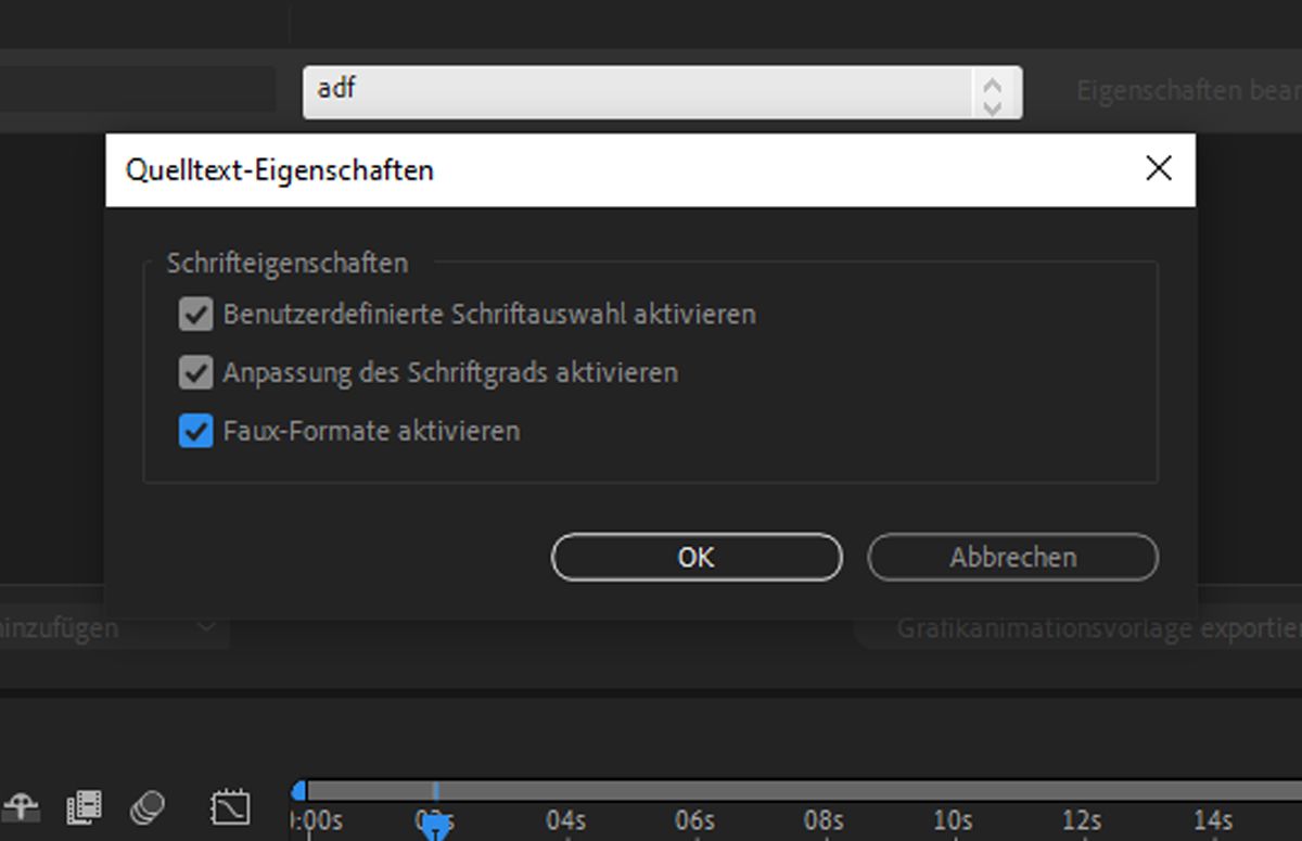  Dialogfeld „Quelltexteigenschaften“, in dem Sie aufgefordert werden, die zu steuernden Schriftarteigenschaften auszuwählen.
