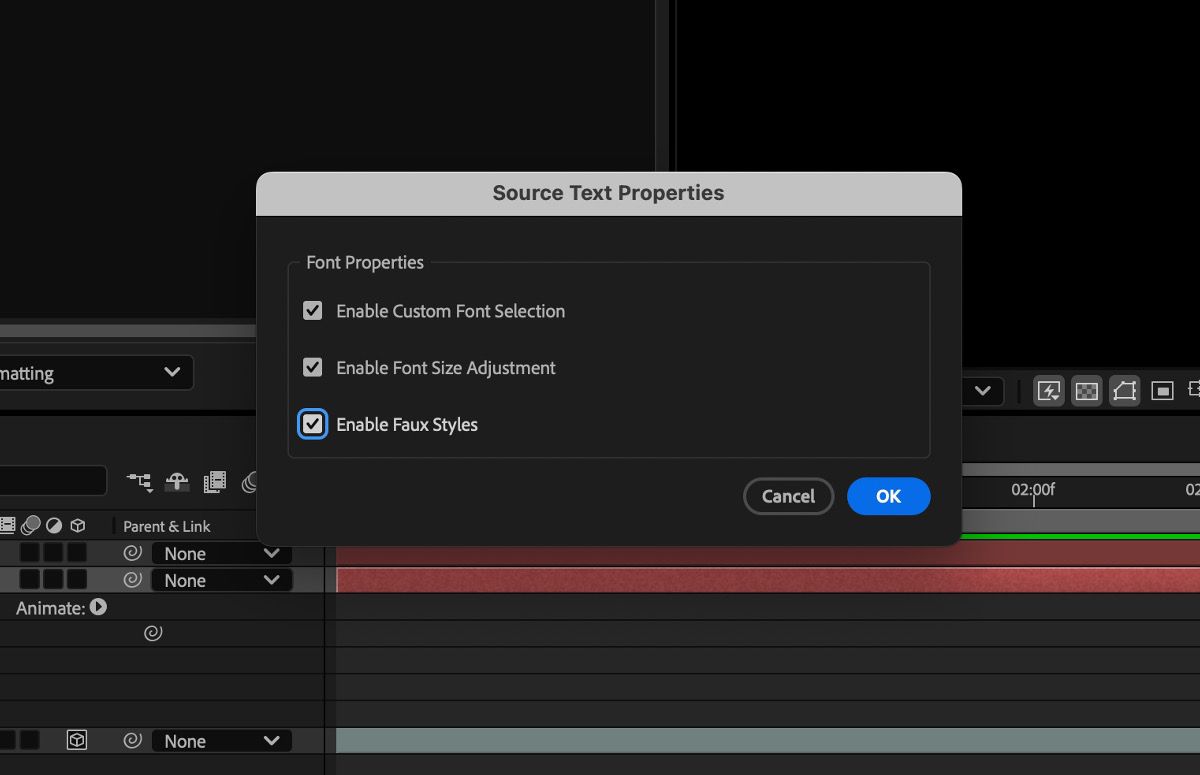  Source Text Properties dialog box prompting to select the font properties to control.