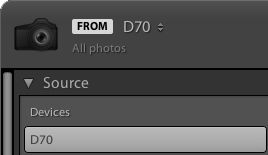 Kildepanelet med et kamera valgt i Lightroom Classic CC.
