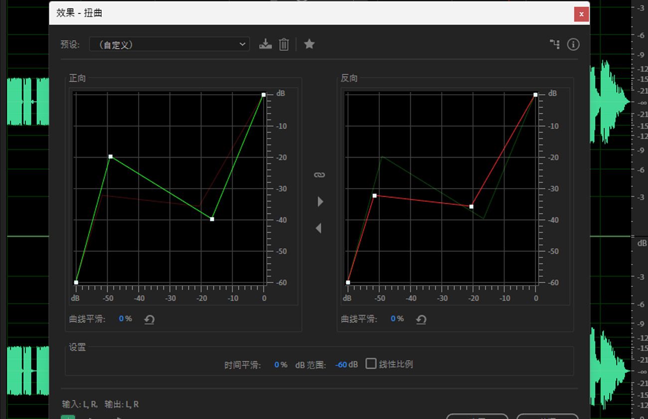 失真对话框已打开，其中包含用于调整失真类型、强度、色调和输出色阶的控件。