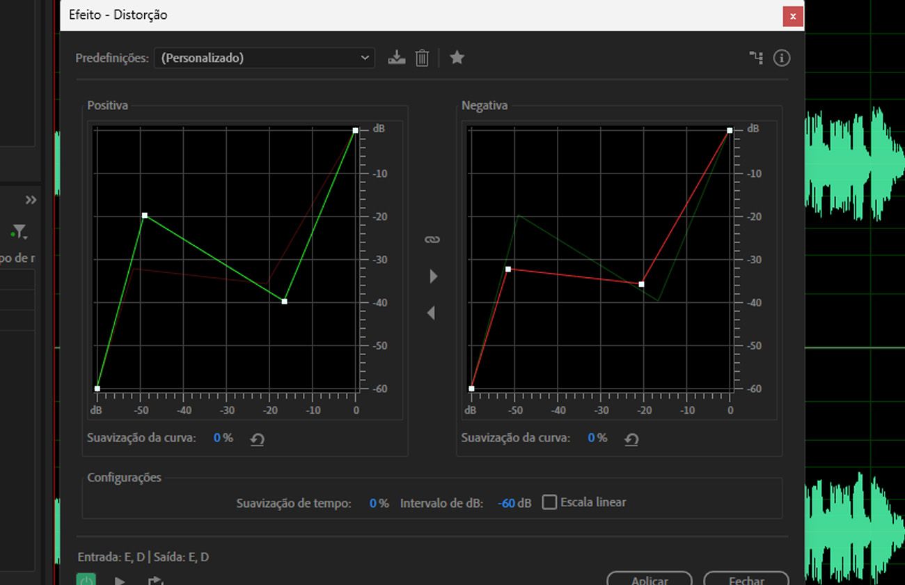 A caixa de diálogo Distorção está aberta e há controles para ajustar o tipo de distorção, intensidade, tom e Nível de saída.