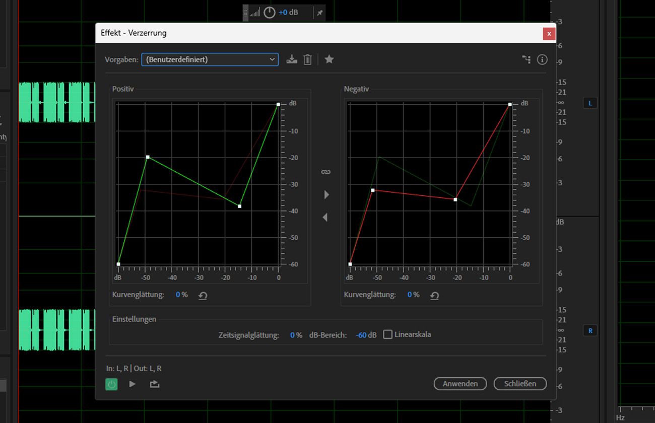 Das Dialogfeld „Verzerrung" ist geöffnet und enthält Steuerelemente zum Anpassen von Verzerrungstyp, Intensität, Ton und Ausgabe-Tonwertkorrektur.