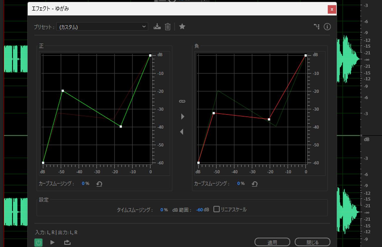 ディストーションダイアログボックスが開いており、ディストーションタイプ、強度、トーン、出力レベルを調整するコントロールがあります。