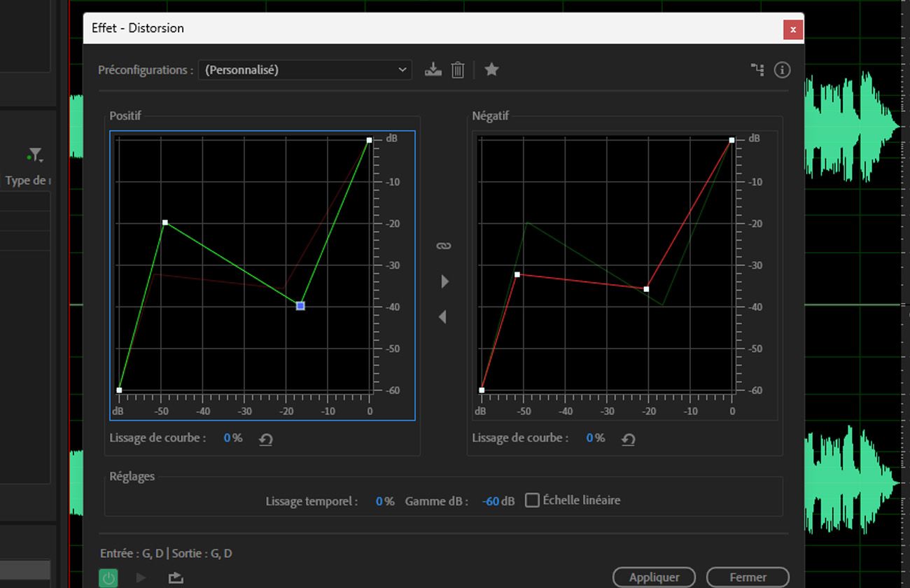 La boîte de dialogue Distorsion est ouverte et contient des commandes permettant d’ajuster le type de distorsion, l'intensité, le ton et le niveau de sortie.