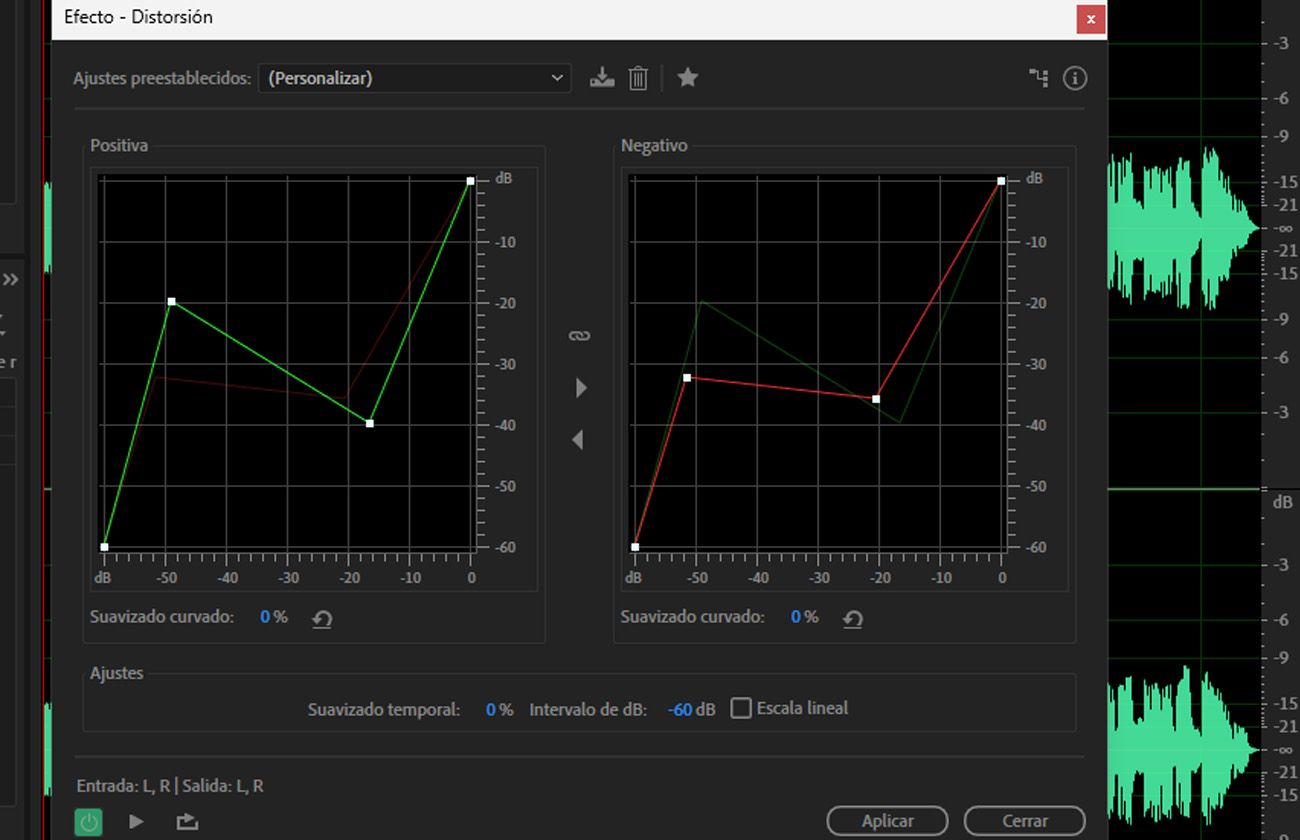 El cuadro de diálogo Distorsión está abierto y hay controles para ajustar el tipo de distorsión, intensidad, tono y Nivel de salida.