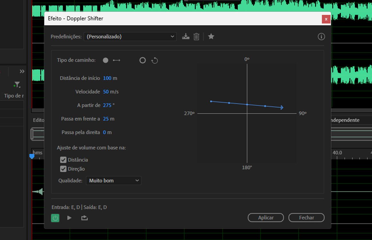 A caixa de diálogo do efeito “Deslocador de Doppler (processo)” está aberta, com parâmetros para controlar o movimento da origem, a posição do ouvinte e as mudanças resultantes no tom e no volume.