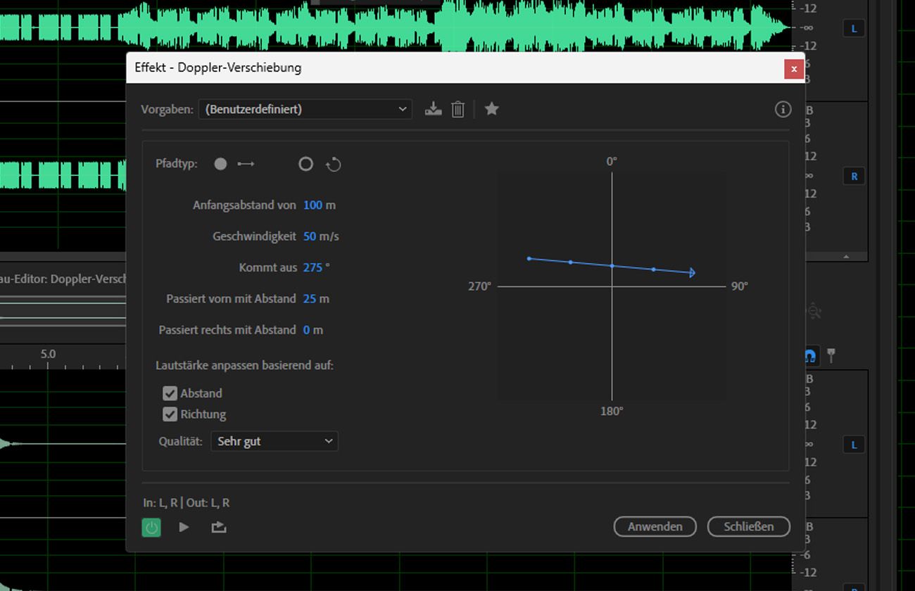 Das Dialogfeld für den Doppler-Shifter-Effekt (Prozess) ist geöffnet und es gibt Parameter zur Steuerung der Quellenbewegung, der Listener-Position und der resultierenden Tonhöhen- und Lautstärkeverschiebungen.