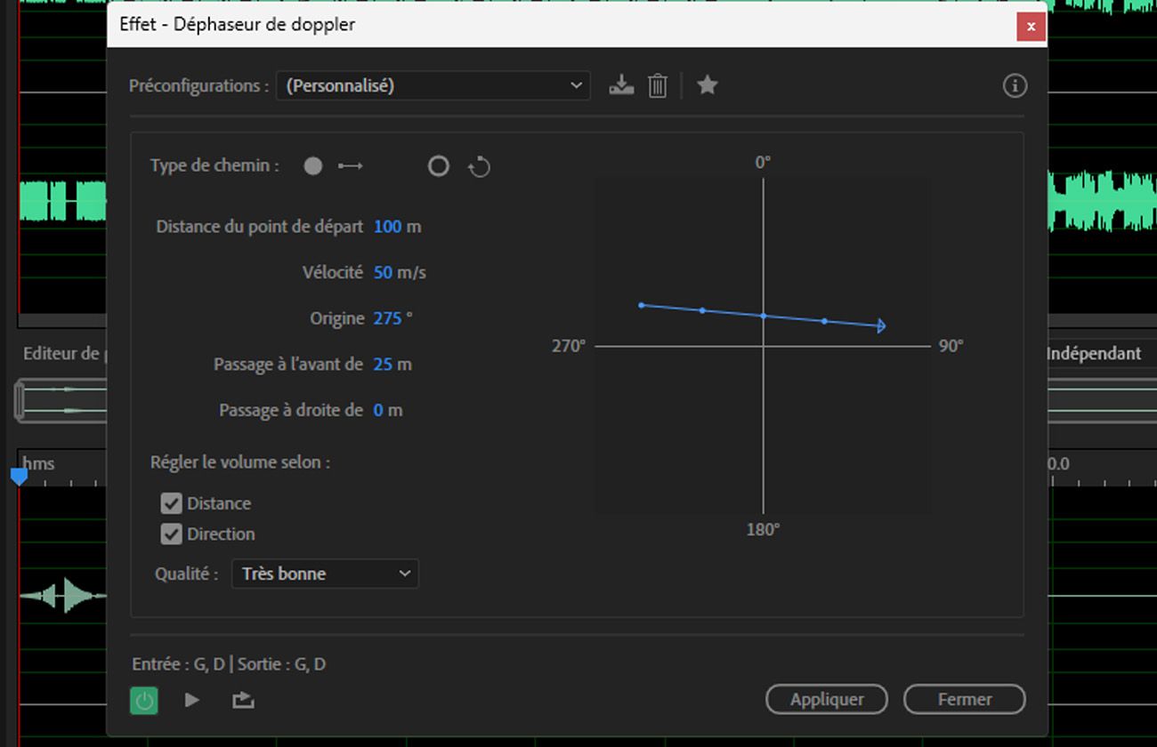La boîte de dialogue de l'effet Doppler Shifter (traitement) est ouverte et contient des paramètres pour contrôler le mouvement de la source, la position de l’auditoire et les changements de hauteur et de volume qui en résultent.